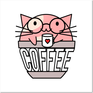 Cat in coffee cup with warped text holding coffee cup with heart wearing glasses pink Posters and Art